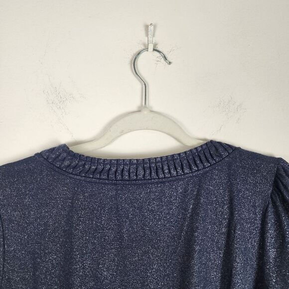 Jones New York Metallic Top Navy Silver Peplum Long Sleeve Pullover Size MP - Picture 13 of 15
